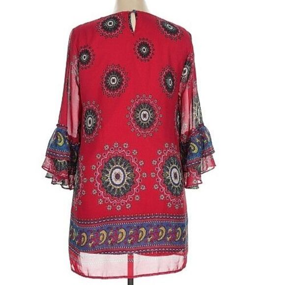 UMGEE Red Paisley Boho Tunic XL Relaxed Fit Tiered Flutter Sleeves Sheer Overlay - Picture 2 of 11